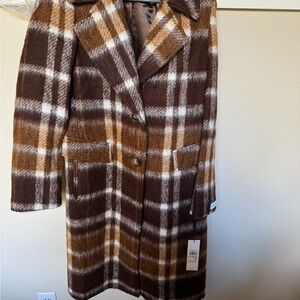 Calvin Klein Plaid Pea Coat in Brown and Tan